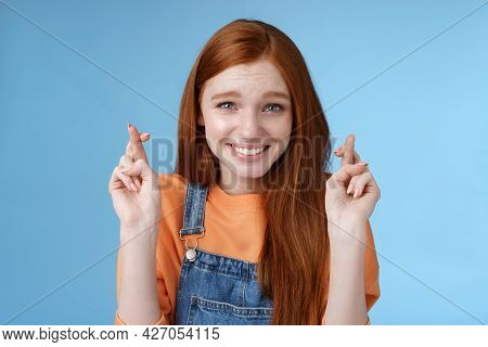 Silly Young Pretty Redhead Girl Blue Eyes Freckles Making Wish Cross Fingers Good Luck Smiling Hopef
