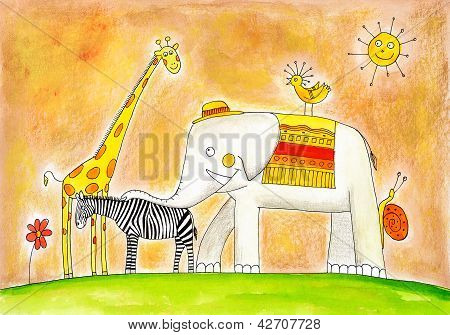 Groupe d'animaux, enfant dessin peinture aquarelle