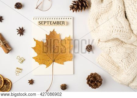 Top View Photo Of White Scarf Yellow Autumn Maple Leaf On Planner With Inscription September Pine Co