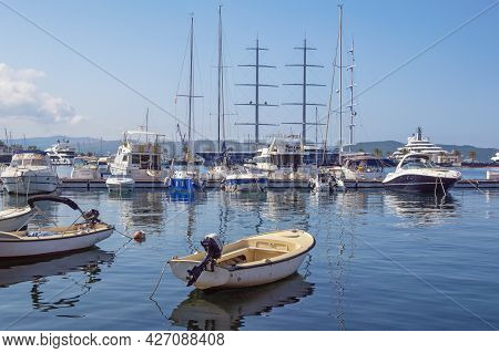 Tivat City,  Montenegro - July 12 2021:  Boats And Yachts. View Of Bay Of Kotor And Marina In Tivat 
