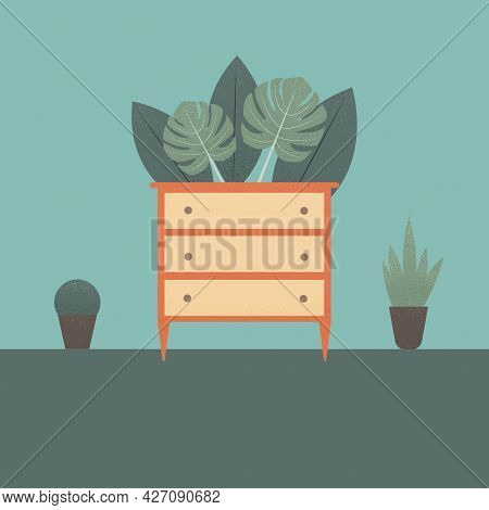 Stylized Chest Of Drawers With Plants In The Background. Colorful Flat Illustration. Element For Des