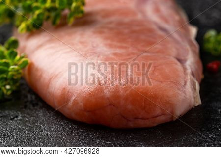 Raw Cod Fish Roe Protein Delicacy On Black Stone Background