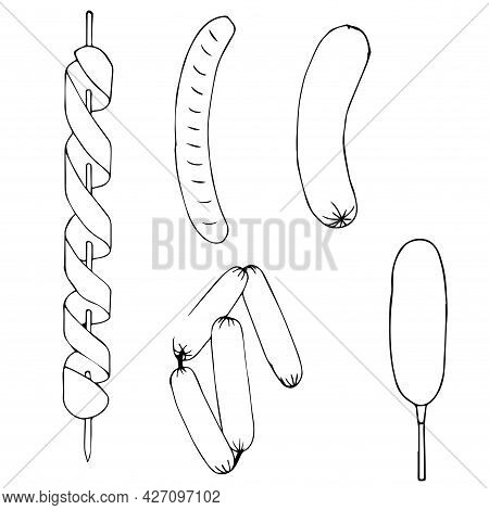 Doodle Style Sausage Set. Vector Stock Illustration Isolated On White Background.