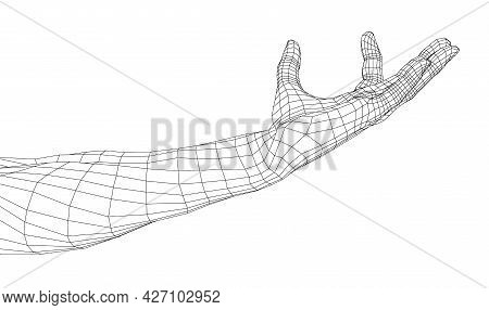 Hand Hold Some Tiny Or Thin Object. Vector Rendering Of 3d. Wire-frame Style. Hand Hold Somethin