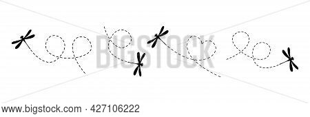 Dragonflies With Dotted Line Route Set. Black Dragonfly Silhouette Fling Collection. Vector Illustra