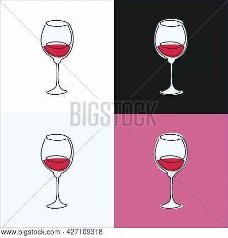 One Line Drawing Red Wine Glass On Various Background. Four Types Of Images. Colored Cartoon Graphic