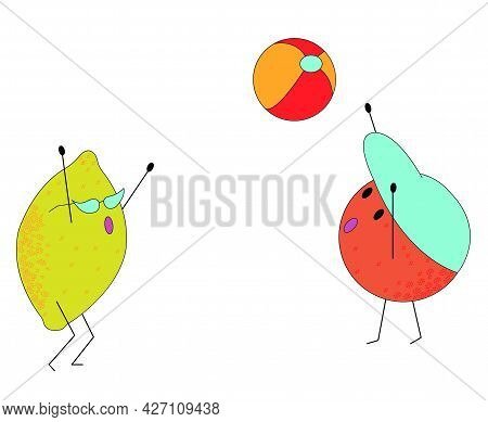 Characters Funny Orange And Lemon Are Playing Ball. Vector Stock Illustration.