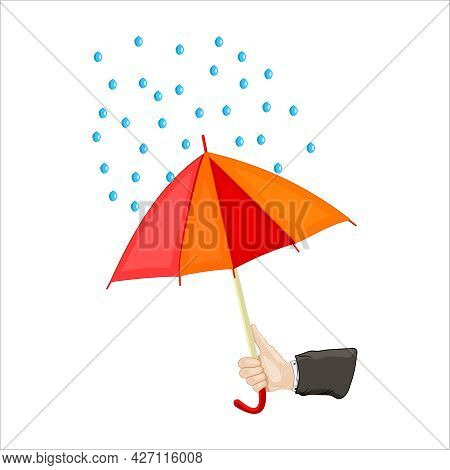 Hand Holding Umbrella Isolated On White Background. Human Hand Holding Open Red And Yellow Parasol W