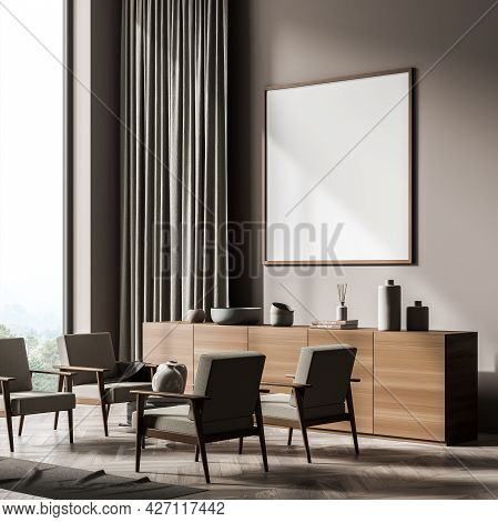 Corner Of The Panoramic Waiting Room With Square Wide Banner On The Light Brown Wall. Greyish Green 