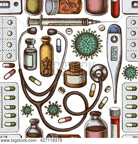 Seamless Pattern With Hand Drawn Colored Vial Of Blood, Pills And Medicines, Medical Thermometer, Co