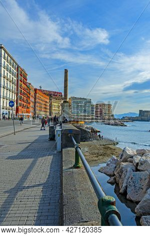 Naples, Italy - January 21, 2017: View Of Lungomare Caracciolo,  Romantic Seaside Promenade With Vie