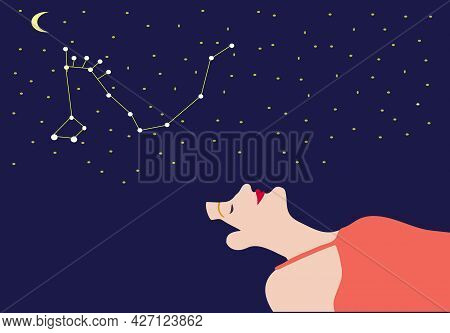 The Sleeping Lady Lies Against The Background Of The Starry Sky And The Constellation Of The Dragon.