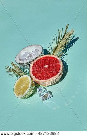 Disco Balls As Extic Fruits. Creative Conceptual Background. Top View. Flat Lay,