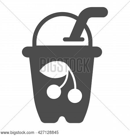 Glass With Cherry Yogurt Solid Icon, Icecream Concept, Cherry Cocktail Vector Sign On White Backgrou