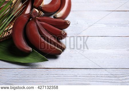 Tasty Red Baby Bananas On Grey Wooden Table. Space For Text