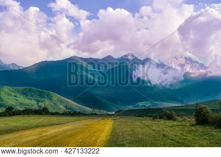 Country Road Towards Mountains With Clouds, Republic Of Ingushetia, Fiagdon, City Of The Dead, Road 