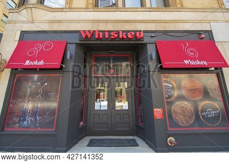Worcester, Ma, Usa - Jul. 27, 2020: Historic Whiskey Lounge At 316 Main Street At Walnut Street In D
