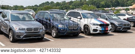 Monroeville, Pennsylvania, Usa July 18, 2021 Different Colored Bmw Suvs Lined Up At A Dealership On 
