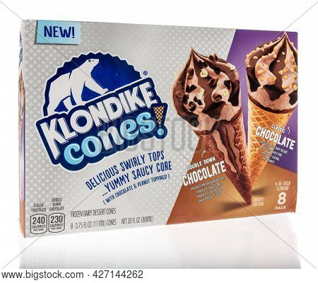 Winneconne, Wi -18 July 2021:  A Package Of Klondike Cones Frozen Dairy Dessert Cones Ice Cream On A