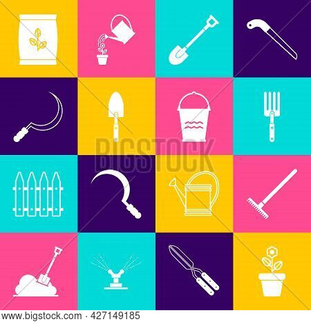 Set Flower In Pot, Garden Rake, Fork, Shovel, Trowel Spade, Sickle, Fertilizer Bag And Bucket Icon. 