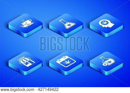 Set Test Tube With Marijuana, Cup Tea, Calendar And, Marijuana Cannabis Store, And Head In Profile I