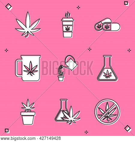 Set Marijuana Or Cannabis Leaf, Cup Coffee With Marijuana, Medical Pills, Tea, Watering, Test Tube, 