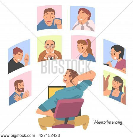 Videoconference And Web Meeting With People Characters Engaged In Online Communication In Real Time 