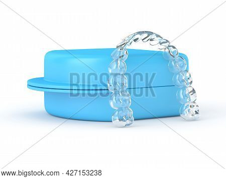 3d Render Of Clear And Removable Aligner With Case Over White Background