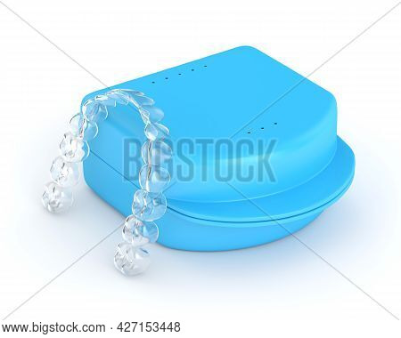 3d Render Of Clear And Removable Aligner With Case Over White Background