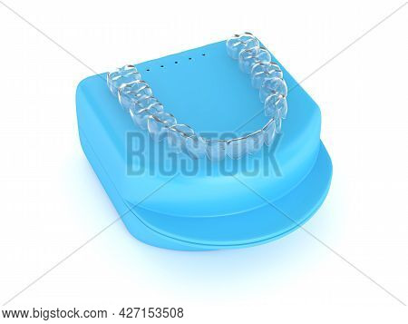 3d Render Of Clear And Removable Aligner With Case Over White Background