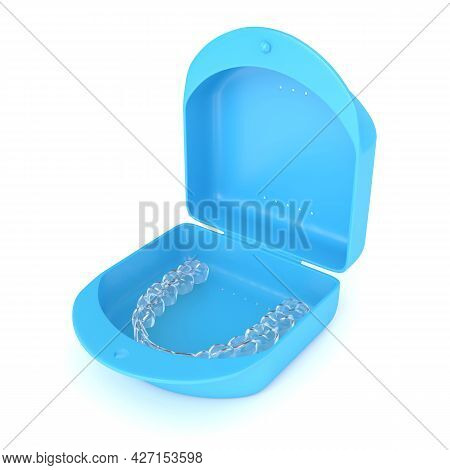 3d Render Of Clear And Removable Aligner With Case Over White Background