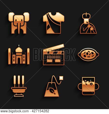 Set Bollywood Indian Cinema, Tea Bag, Cup Of Tea And Leaf, Kheer Bowl, Incense Sticks, Taj Mahal, In