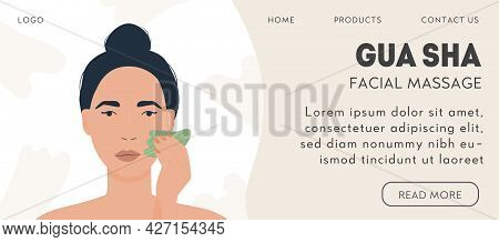 Web Banner Template For Gua Sha Facial Massage. Woman Massaging And Scraping Her Skin. Natural Green