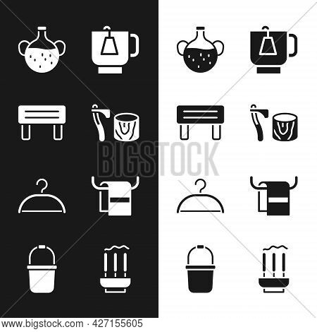 Set Wooden Axe In Stump, Sauna Wood Bench, Essential Oil Bottle, Cup Of Tea With Tea Bag, Hanger War
