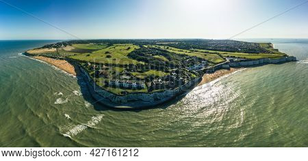 Drone aerial view of the beach and white cliffs, Margate, England, UK