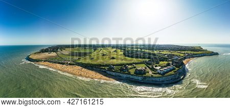 Drone aerial view of the beach and white cliffs, Margate, England, UK
