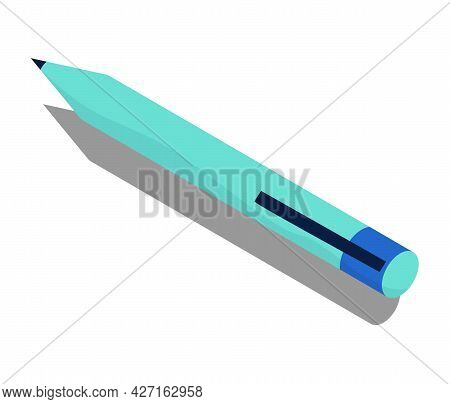 Classic Pen With Cap And Clue To Hang It On Paper. Blue Writing Instrument With Paste Inside Vector 