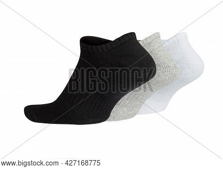 Set Of Short Socks White, Grey, Black Isolated On White Background. Three Pair Of Socks In Different