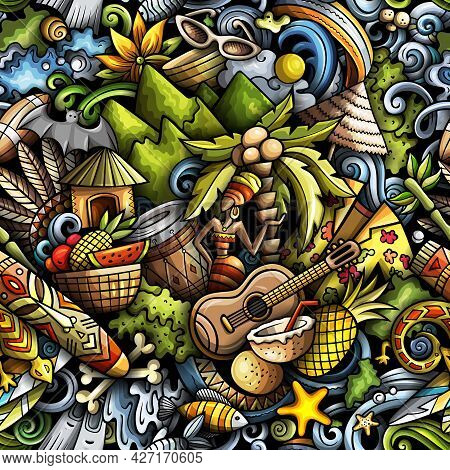 Cartoon Doodles Figi Seamless Pattern. Colorful Detailed, With Lots Of Objects Background For Print 