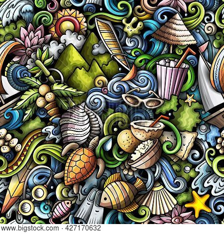 Cartoon Doodles Mauritus Seamless Pattern. Backdrop With Mauritian Culture Symbols And Items. Colorf