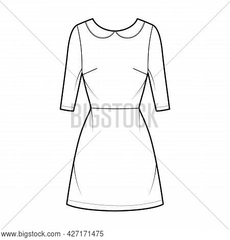 Dress A-line Technical Fashion Illustration With Elbow Sleeves, Peter Pan Collar, Fitted Body, Above