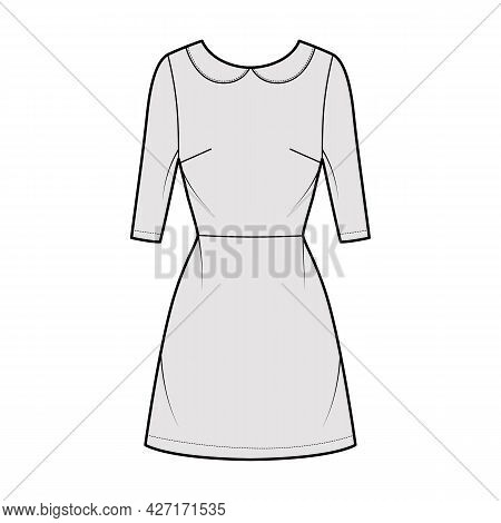 Dress A-line Technical Fashion Illustration With Elbow Sleeves, Peter Pan Collar, Fitted Body, Above