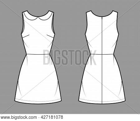 Dress A-line Technical Fashion Illustration With Sleeveless, Peter Pan Collar, Fitted Body, Above-th