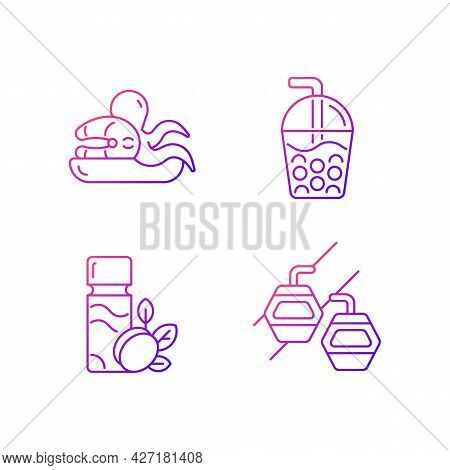 Taiwan Entertainment Gradient Linear Vector Icons Set. Asian Holidays. Bubble Tea Drink. Maokong Gon