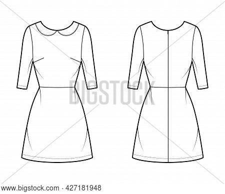 Dress A-line Technical Fashion Illustration With Elbow Sleeves, Peter Pan Collar, Fitted Body, Above