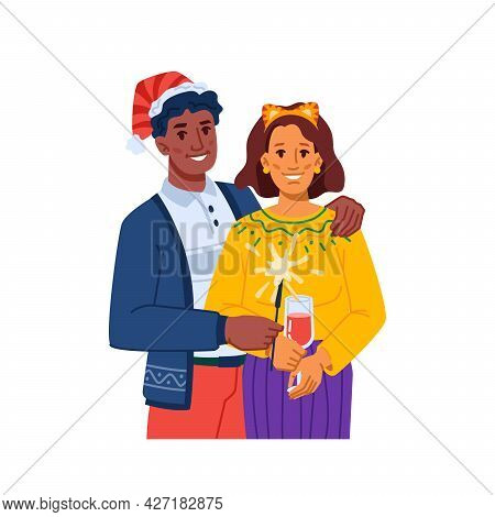 Cuddling Man And Woman Celebrating New Year Or Christmas, Isolated Couple Or Brother And Sister With