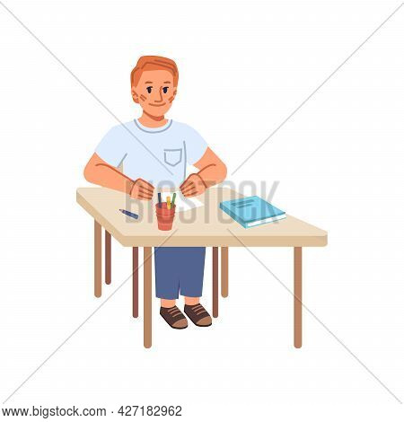 Education And Development Of Skills In Classes At School, Isolated Pupil With Paper And Crayons Draw