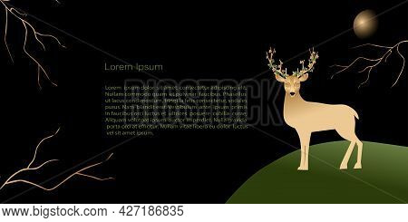 Vector  Template, Banner Mystic And Elf Theme,  Deer With Flowers In Horns, Copy Space. Black, Green