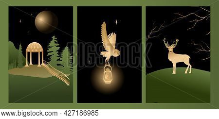 Vector Set Mystic And Elf Theme, Includes Illustrations Of House Of Elves, Deer, Owl. Black, Green A