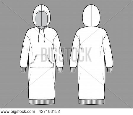 Dress Hoody Technical Fashion Illustration With Long Sleeves, Kangaroo Pouch, Rib Cuff Oversized Bod